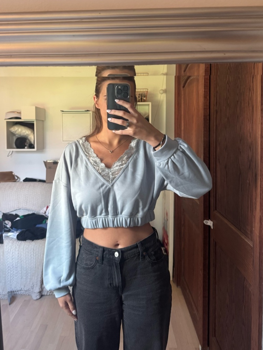 Lace-Trim Cropped V-Neck Sweatshirt - Light Blue